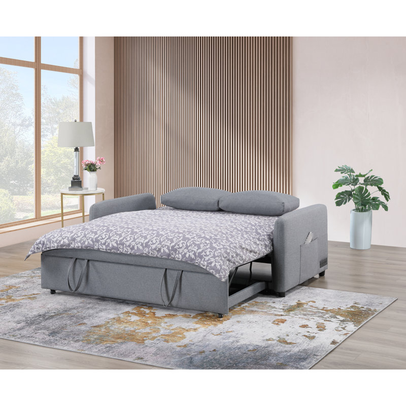69" Wide Convertible Bed, Grey Linen, Ports, Power Sockets, , Pillows, Pockets Storage To Sleeper, Linen Fabric, 2 Pillows