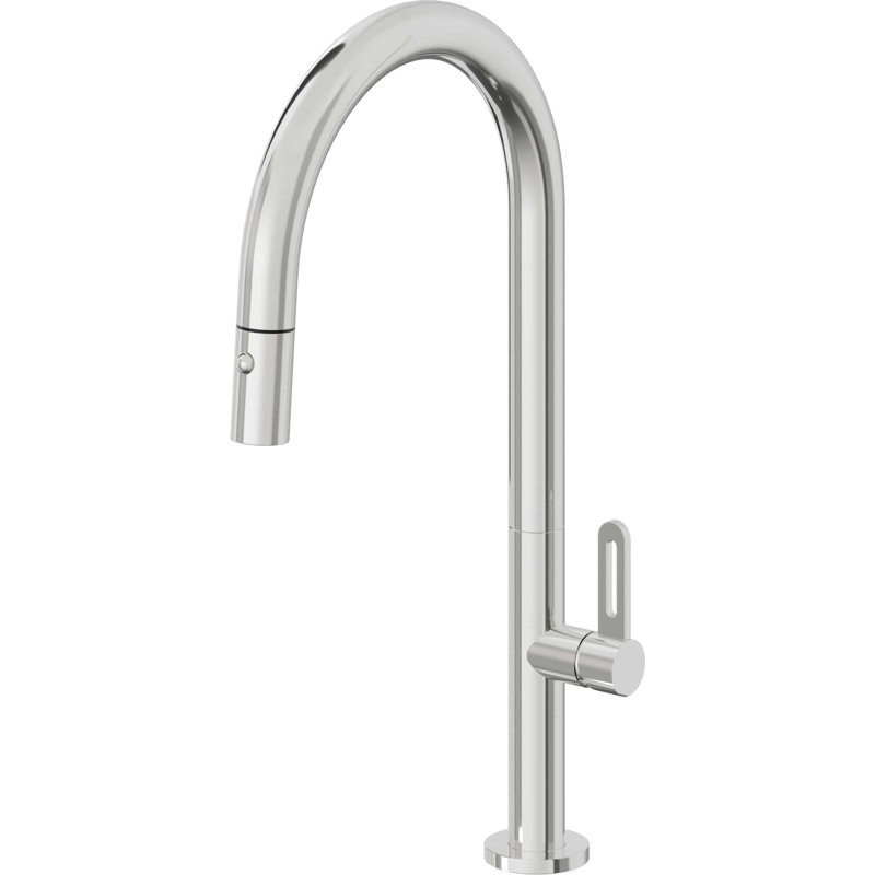 Pull-Down Kitchen Faucet With Button Sprayer - High Arc Spout, Polished Chrome, Black Flat Blade