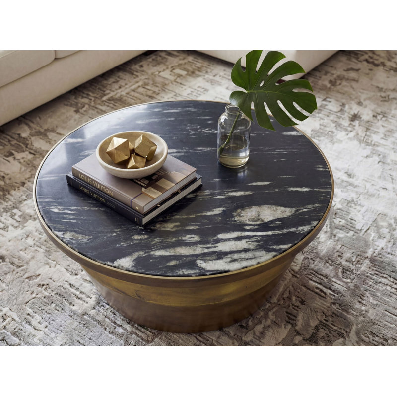 Round White Marble Coffee Table with Iron Base, Black / Brown, Black
