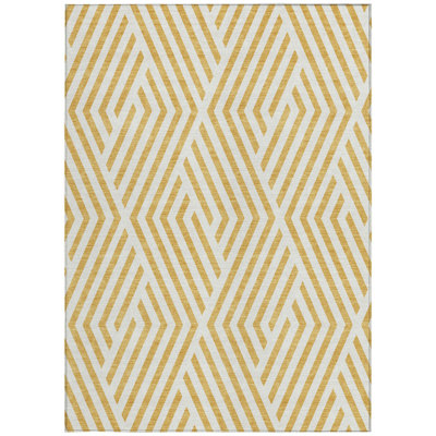 Tapis intérieur antidérapant à motif géométrique lavable doré et blanc 8 pi x 10 pi