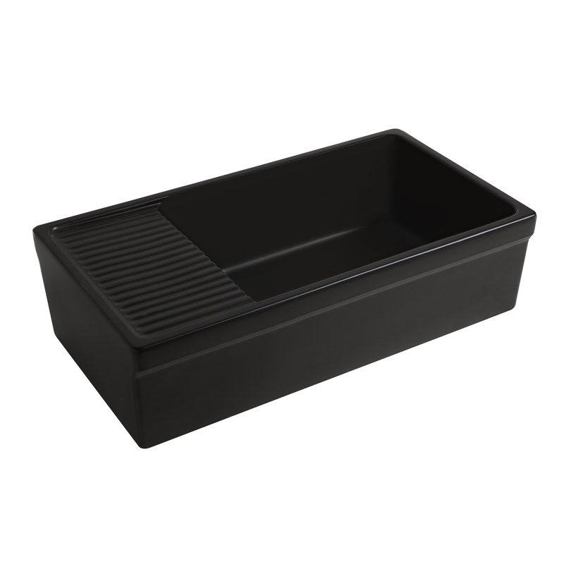 Fireclay Reversible Sink with Integral Drainboard and Decorative 2 ½" Lip on Both Sides, Matte Black