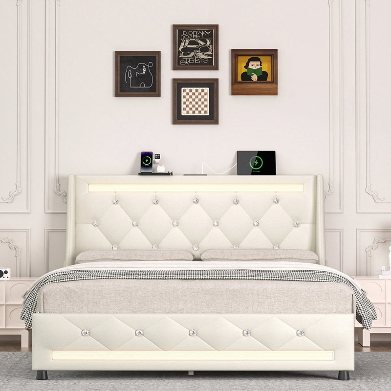 Structure de lit plateforme tapissier, Full, Blanc