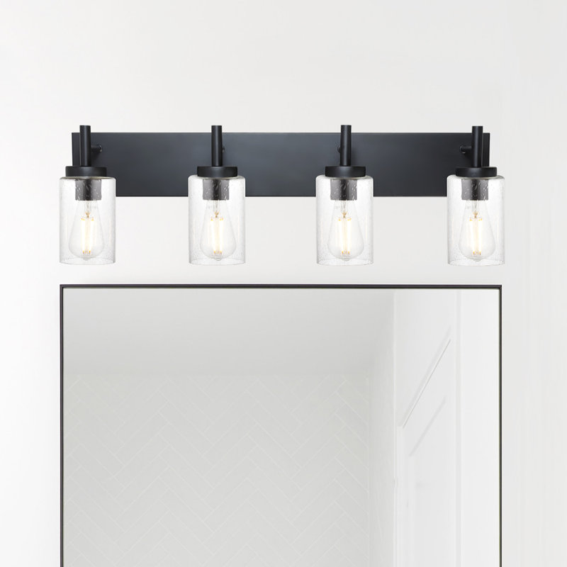 4-Light Dimmable Black Vanity Light With Seeded Glass Shade.