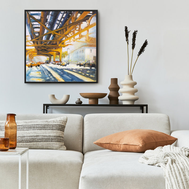 Trafic Under the Bridge - Blue Architecture Framed Canvas Art, 25.25" H x 25.25" W