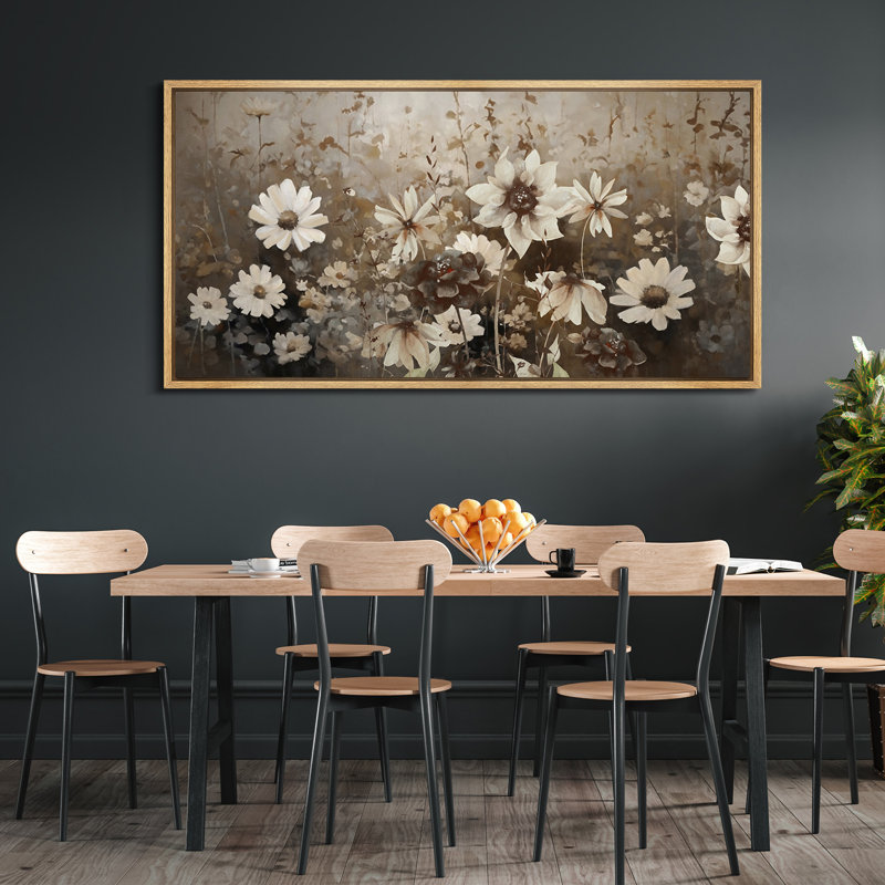 Art mural rétro sur toile à motif floral - Scène de prairie aux tons sépia, Naturel, H 30 po x l 60 po