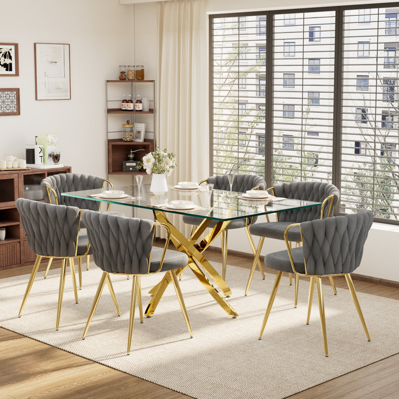 Ensemble de table à manger rectangulaire élégant pour 6 personnes, H 29,5 po x L 63 po x l 31,5 po, Gris, Doré