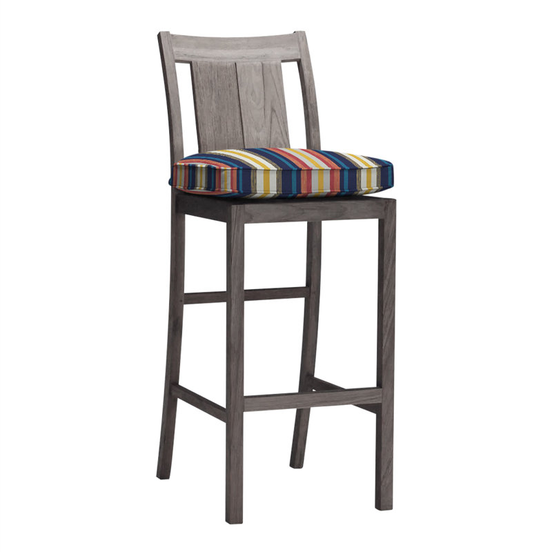 Croquet 24.5" Patio Bar Stool with Cushion, Rollo Chambray InsideOut® Linen, Welt, Oyster Teak