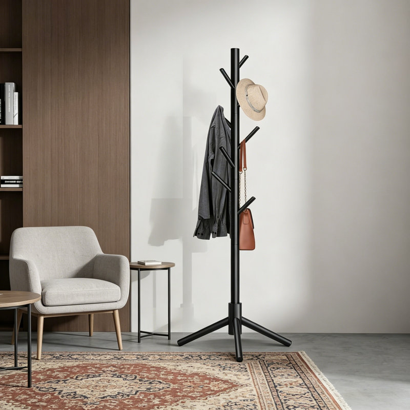Black Freestanding Coat Rack With 8 Hooks And 3 Height Adjustable Positions. Easy To Assemble And Suitable For Various Storage Scenarios, Including Clothes, Bags, And Hats.