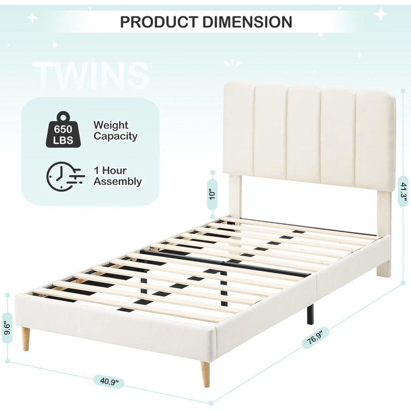 Twin Size Upholstered Platform Bed Frame Fo Children, Velvet Upholstered Platform Bed Frame With Headboard, With Headboard, Noise-Free