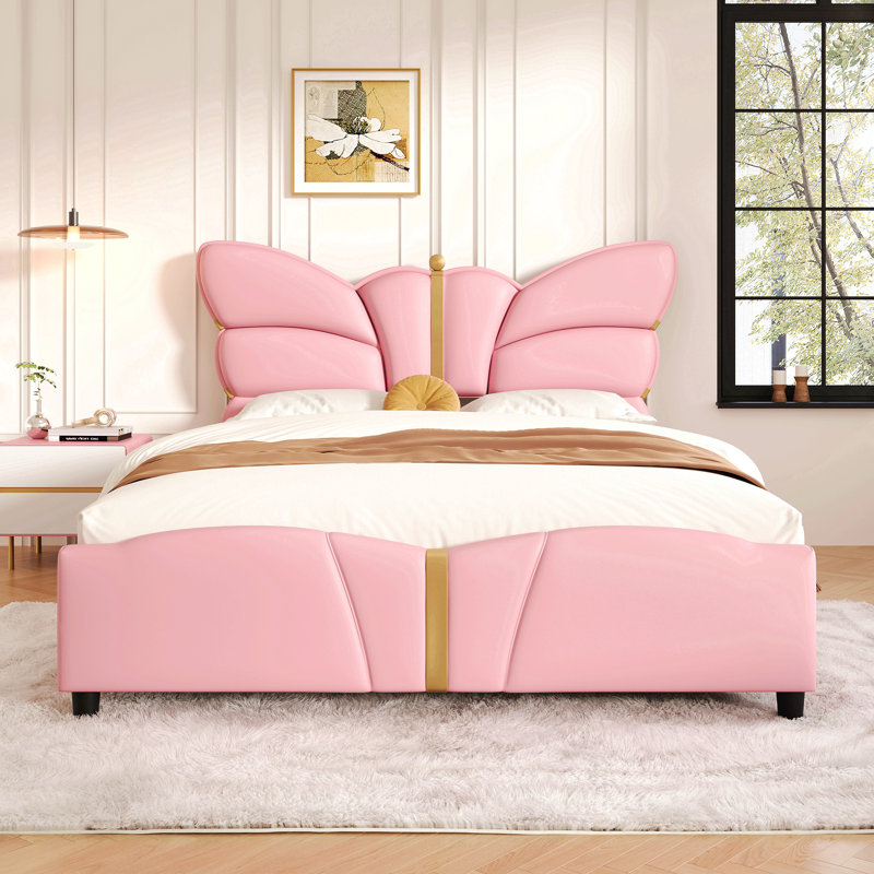 Full Size Upholstered PU Leather Bed Frame, With Butterfly Shaped Headboard And Footboard, Platform Bed Frame With Gold Metal Decorations, No Box Spring Needed, Light Pink