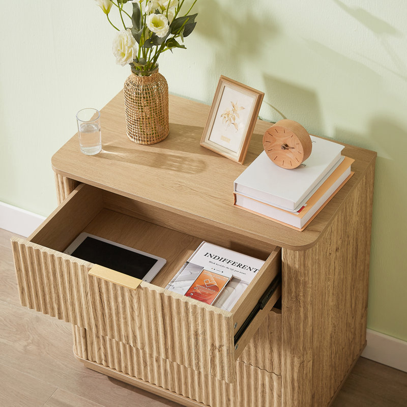 Ensemble de 3 tiroirs, commode à courbes de 27,6 po de largeur, table de chevet, organisateur de tiroir en bois pour chambre à coucher, salon, couloir, chêne, l 27,6 po x P 15,8 po x H 27,4 po.