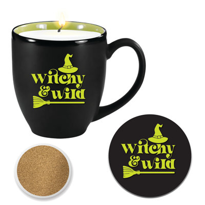 Tasse en céramique avec chandelle parfumée à la pomme verte macabre de 370 g et sous-verre assorti