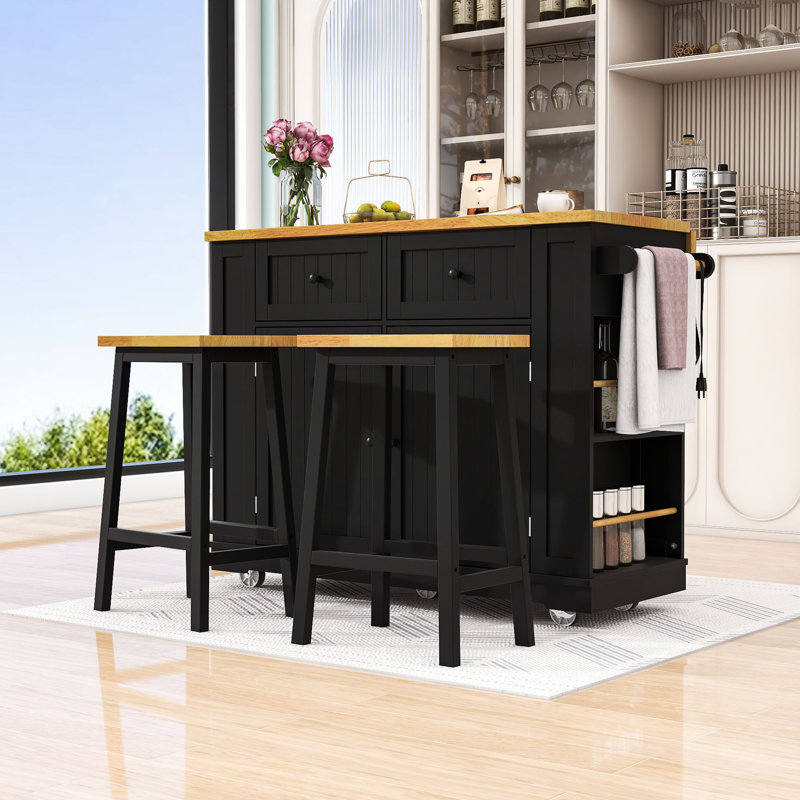 Kitchen Island with 2 Bar Stools, Power Outlet, Storage Rack and 2 Drawers, Black
