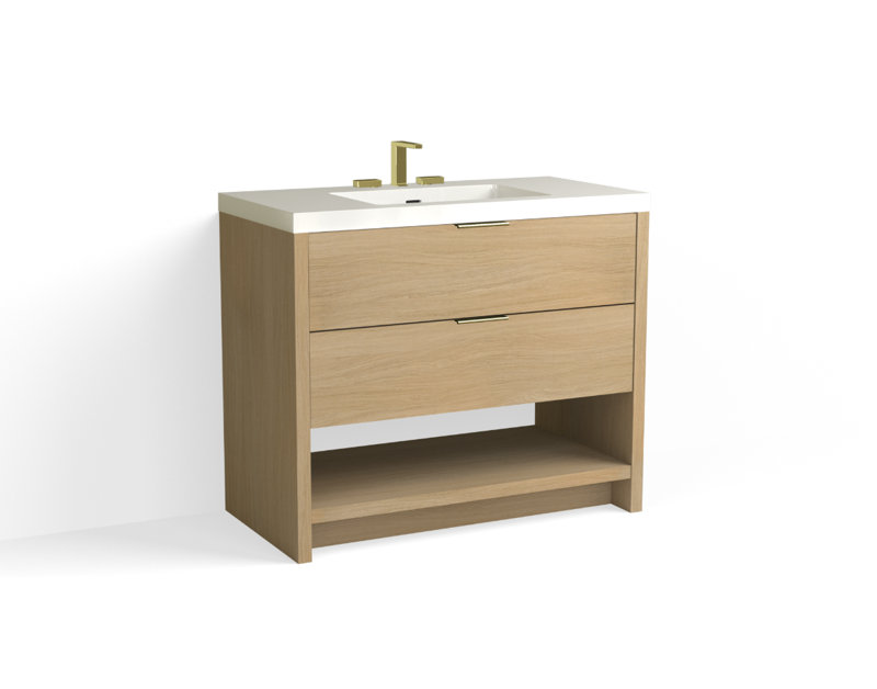 Vue 42" W Freestanding Single Bathroom Vanity, Glossy White/8" Widespread, Nimbus, Matte Black