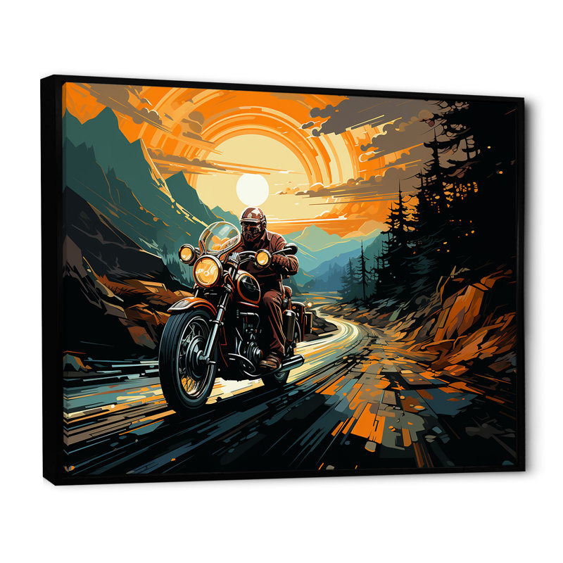 Expressionniste à moto, art mural sur toile, Cadre flottant noir, H 24 po x l 32 po x P 1 po