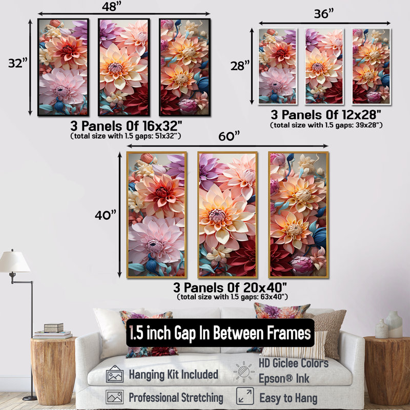 Dahlia Reflection Flowers Field - ensemble d'art mural sur toile Flower Field, Cadre flottant blanc