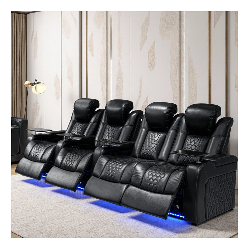 Fauteuil inclinable électrique de 124,4 po pour 4 personnes avec nappa de grain supérieur, relaxation entièrement réglable, charge intelligente, éclairage DEL RVB dynamique, noir