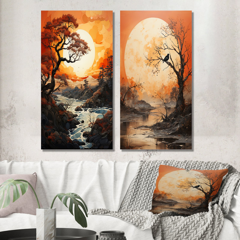 «Tree Orange Moon Silhouette», 2 pièces, H 24 po x l 20 po, Toile tendue