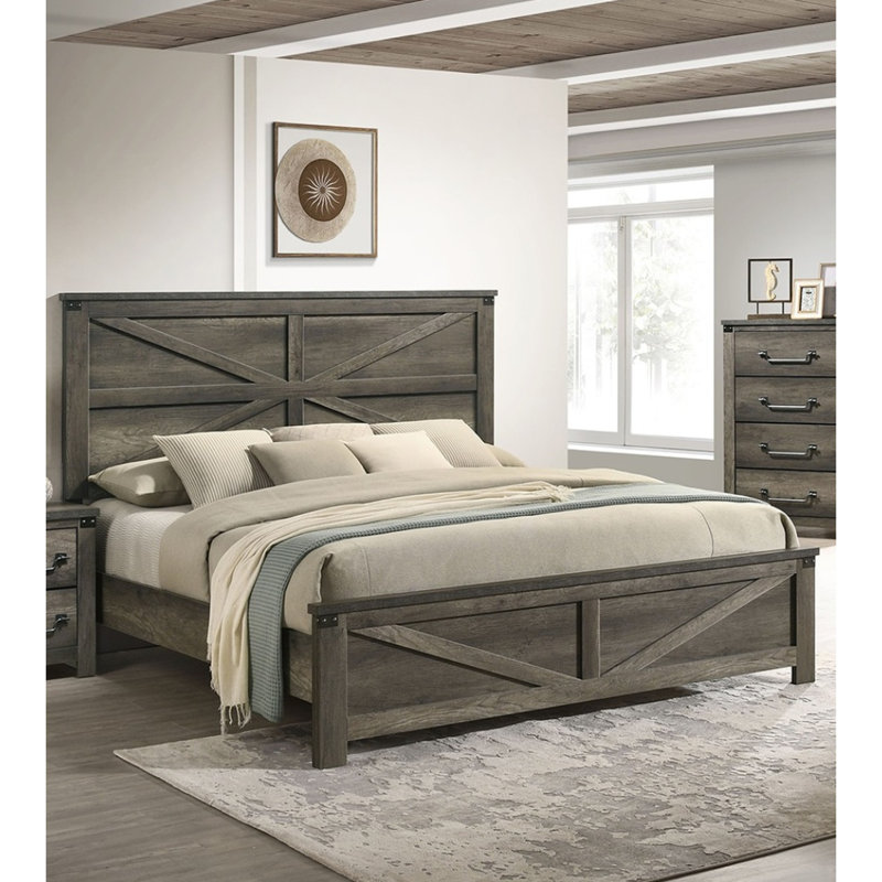 Rustic Gray Queen Bed With Engineered Wood And Metal, Headboard, Casual Bedroom Style Simple Design Frame Finish, Metal Paper, Transitional