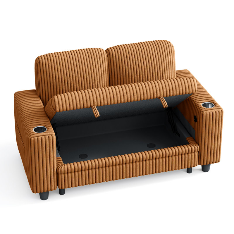 Sherry 56" Upholstered Storage Loveseat with Charging & Cup Holders, Soren Brown Corduroy