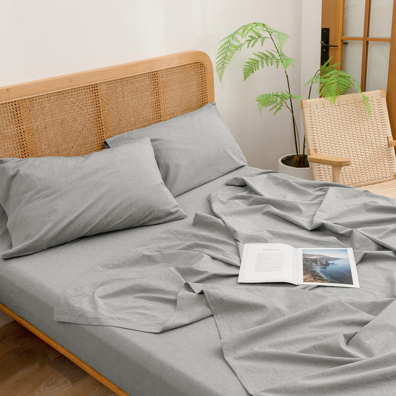 Ensemble de draps 100% coton délavé Bestouch, Gris clair, Ensemble de draps pour lit simple avec 1 taie d'or
