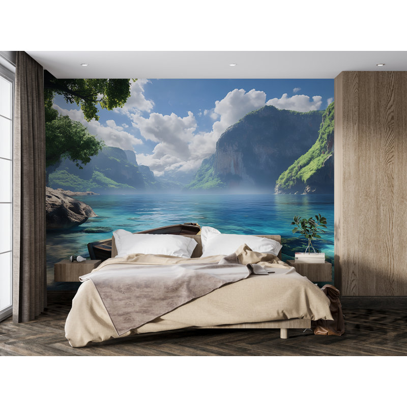 Papier peint Tropical Mountain Lake, L 165 po x l 110 po, Luxury Canvas Texture