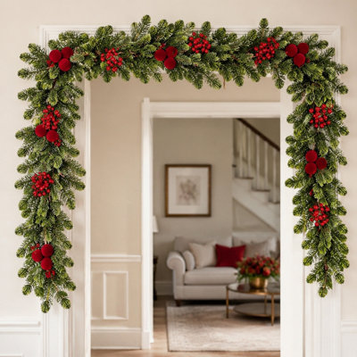 70.9 Inch Artificial Christmas Pine Garland, Winter Hanging Greenery Vine with Flocked Red Balls and Red Berries for Mantel Wall Fireplace Holiday Decor
