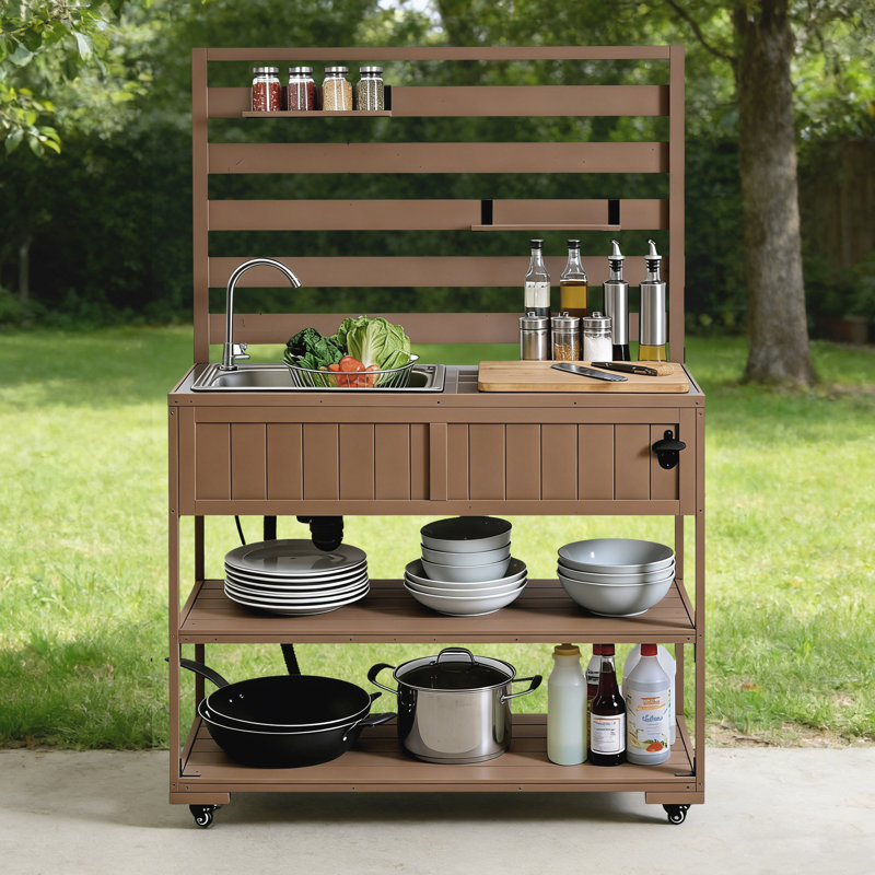 Chariot de cuisine en bois massif avec évier et plateau de table en acier inoxydable 41,7 po, Brun