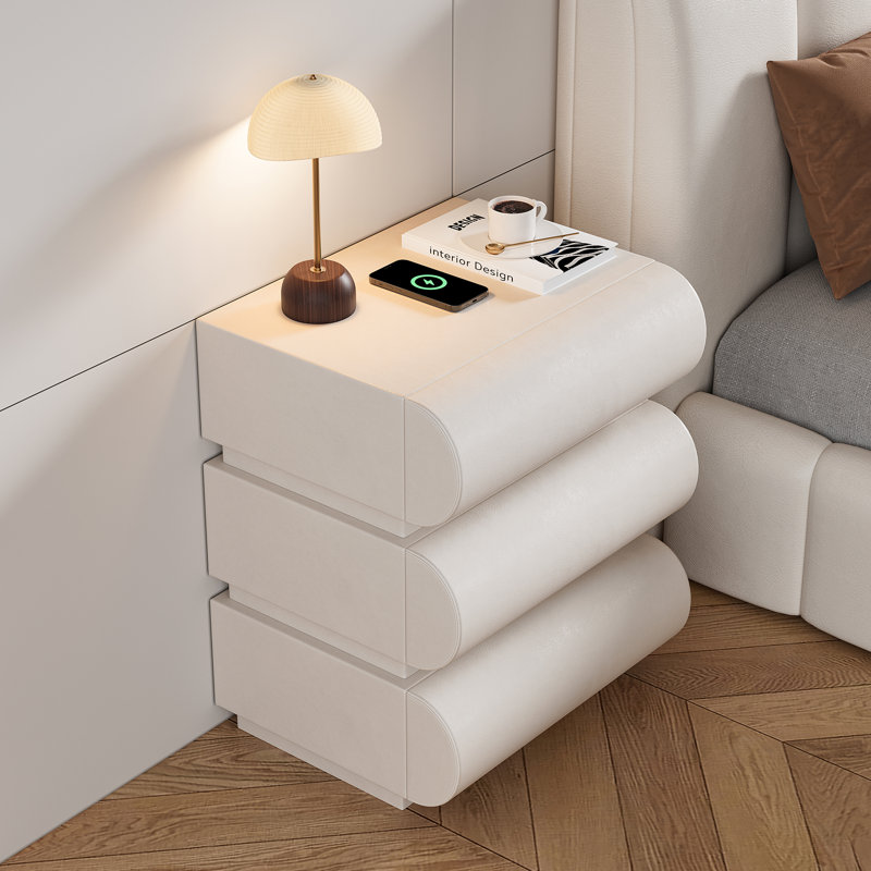 Modern White Leather Smart Nightstand with Wireless Charger and Drawers