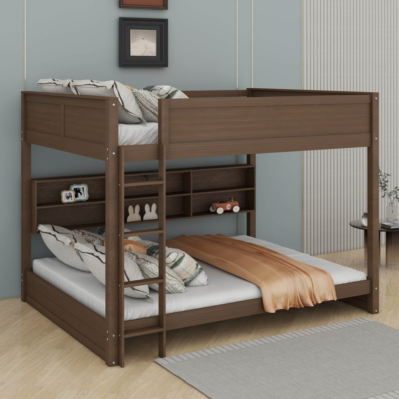 Queen Over Queen Bunk Bed With Cabinets And USB Ports, Antique Wood