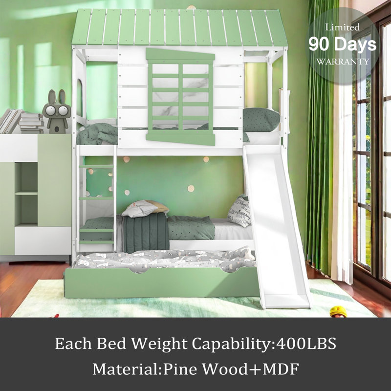 Harper Orchard Twin Over Twin Size House Bunk Bed With Convertible ...