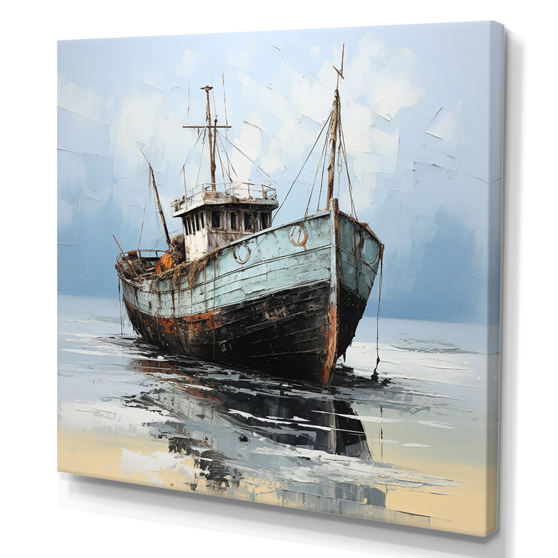 Bateau de pêche bleu et blanc sur toile, H 36 po x l 36 po x P 1,5 po, Toile tendue