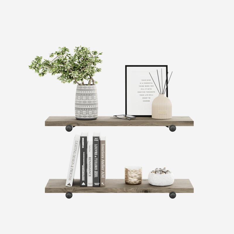 Solid Wood Floating Shelves with Pipe Brackets, 1" H x 18" W x 8" D, Gray