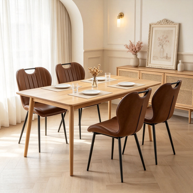 Ensemble de 4 chaises de salle à manger en polyuréthane brun moderne de 19,6 po avec poignée intégrée et pieds en métal pour la salle à manger, petits espaces