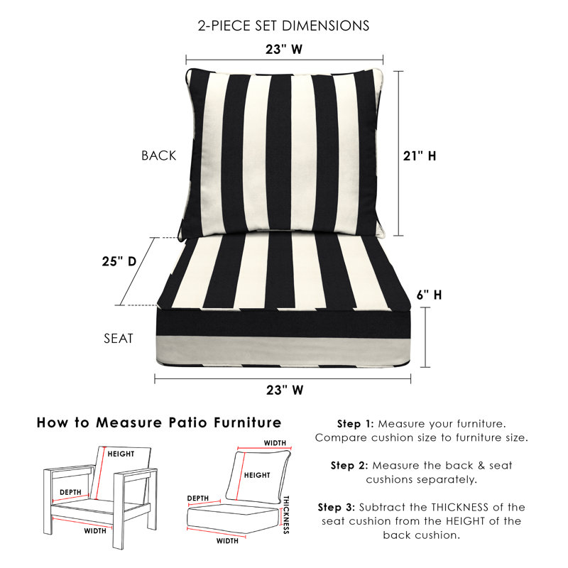 Outdoor Deep Seating Cushion Set – Comfortable, Durable, Weather-Resistant Design - Basics by Wayfair™, Black Awning Striped