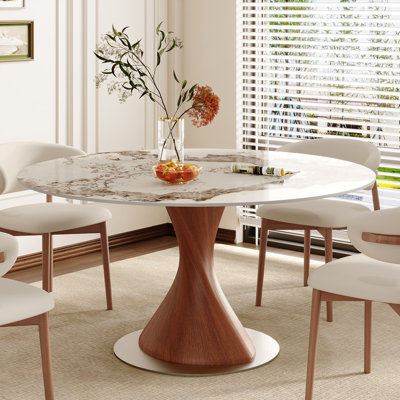 Table de salle à manger ronde moderne avec plateau en pierre frittée et base en bois massif pour 2 à 6 personnes