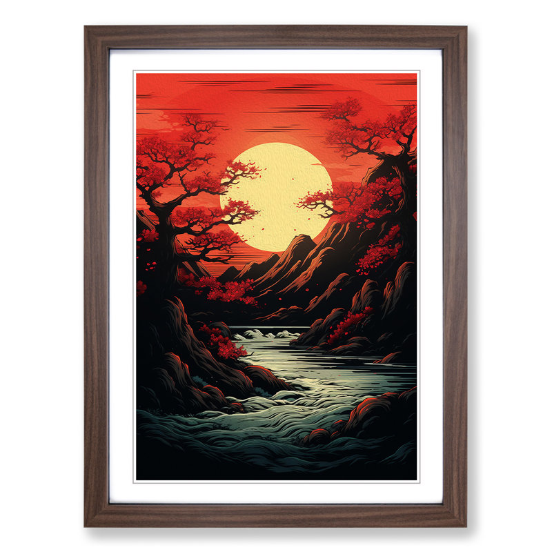 Japanese Sunset Line Framed Print, Walnut Framed, 64cm H x 46cm W x 2cm D