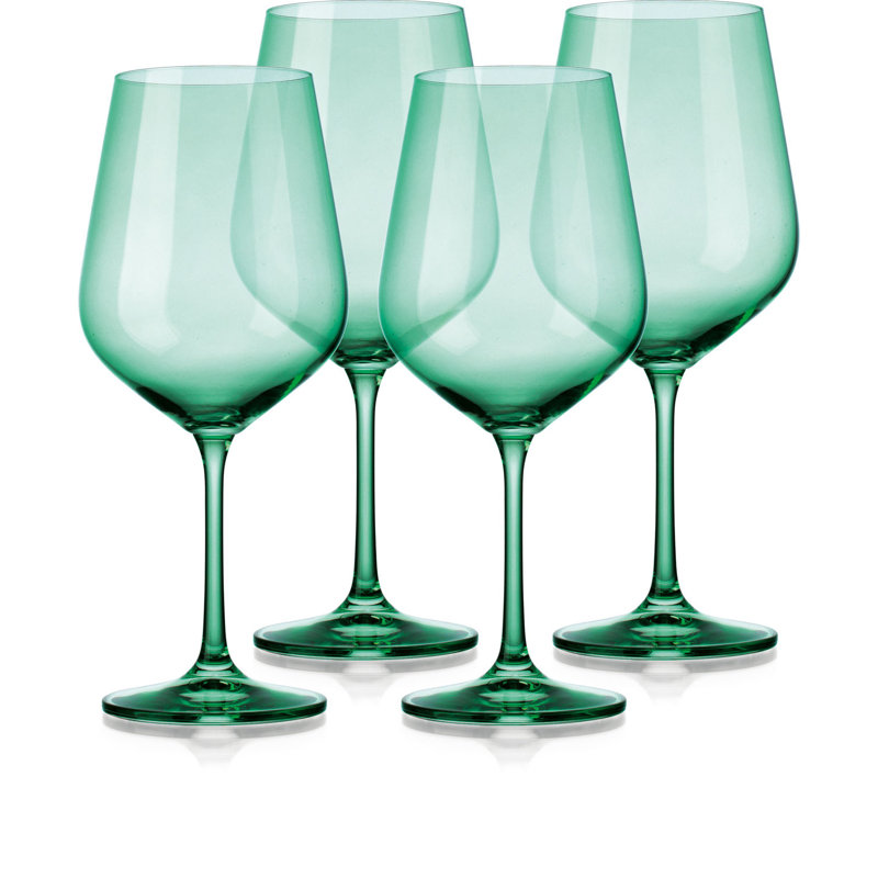 Set of Four Blue Crystal Balloon Bowl Stemmed Red Wine Glass, Green