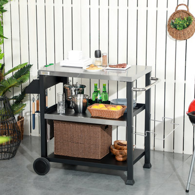 Support mobile pour barbecue, plateau de table en acier inoxydable, L 40,01 po x l 25,5 po, H 33 po, chariot de barbecue noir à 3 tablettes avec table, 4 crochets pour les ustensiles, utilisation,