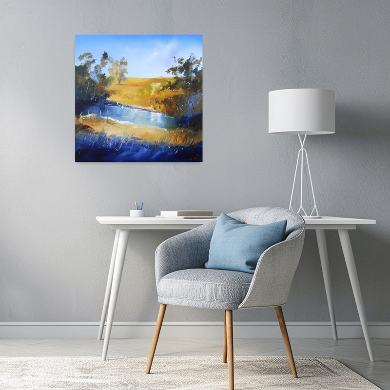 Winter Dam, art contemporain abstrait, paysage, 24" H x 24" W
