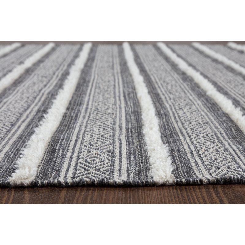Tapis gris en laine tissé à plat à la main Desmond, Rectangle 7 pi 6 po x 9 pi 6 po