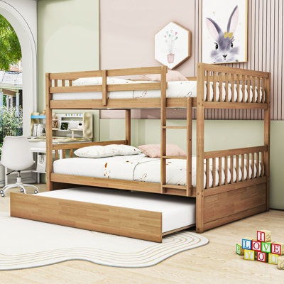 Kelsa Full Over Full Wooden Bunk Bed With Built-In Trundle, Ladder And Safety Guardrails