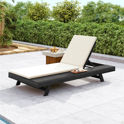 Lounge Chaise Set, Space Available On One Side, Acacia Wood In Black With Water-Resistant Lounge Cushions (Cream & 2 Inch Thick)