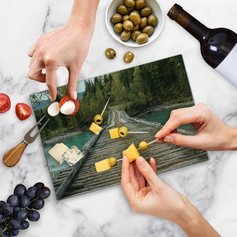Ambesonne Rustic Tempered Glass Cutting Board River Pine Tree Forest Brown Green