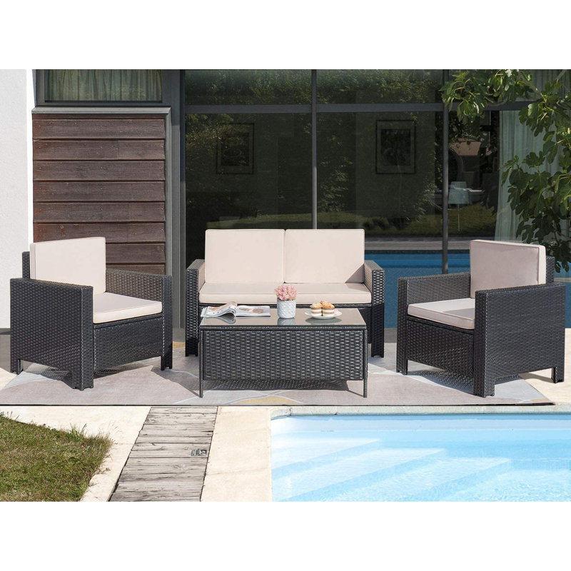 Ensemble de conversation avec canapé en rotin et coussins 4 pièces Finnmark, Beige, Noir