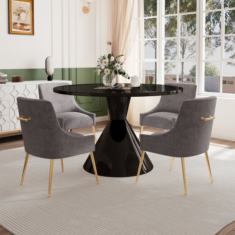 Magallanes 4 - Person Round Table Dining Set with Velvet Dining Chairs, Black, Gray