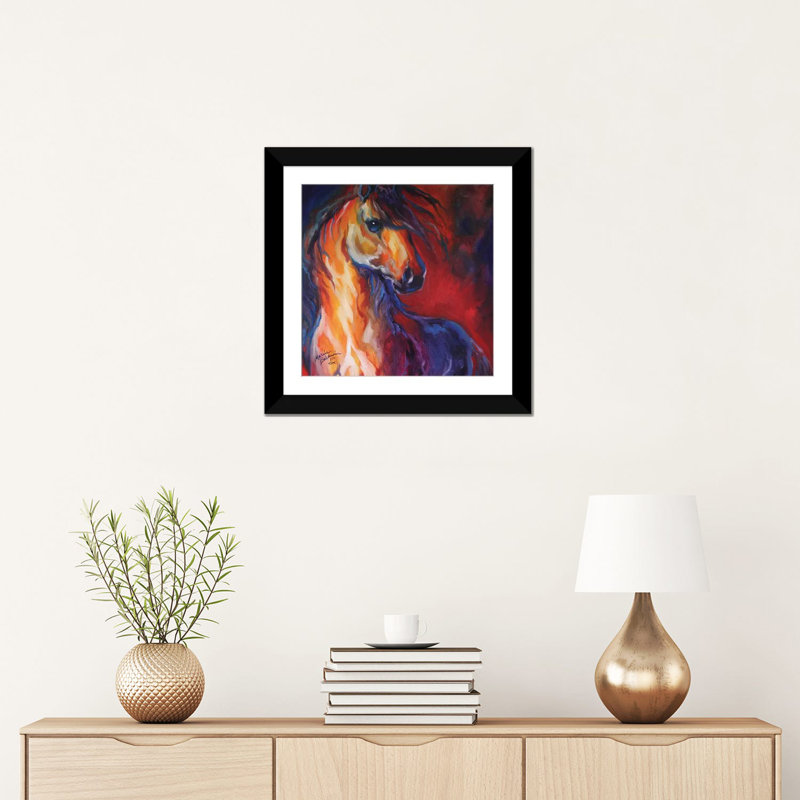 «Stallion Red Dawn», reproduction sur toile, H 16 po x l 16 po x P 1 po, Papier d'art encadré noir, Blanc
