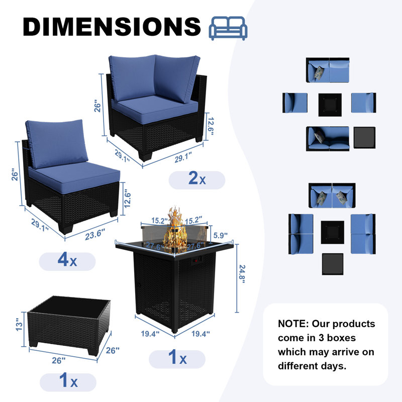 Ensemble de meubles de patio 8 pièces avec table de foyer, comprenant des coussins antidérapants et anti-éclaboussures - parfait pour l'extérieur, la terrasse, le jardin, le bord de la piscine