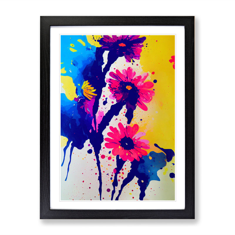 Paint Splat Flowers No.4 Abstract - Single Picture Frame Print, 64cm H x 46cm W x 2cm D, Black Framed