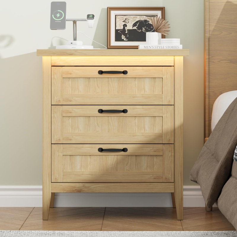 Commode 3 tiroirs, table de chevet en bois avec prise de courant et lumière DEL, rangement dans le couloir de la chambre à coucher